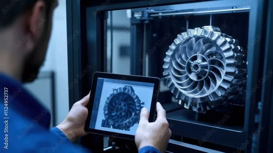 Visuel présentant un employé de Creaform qui tien dans ses main une tablette afin de suivre l'impression 3D