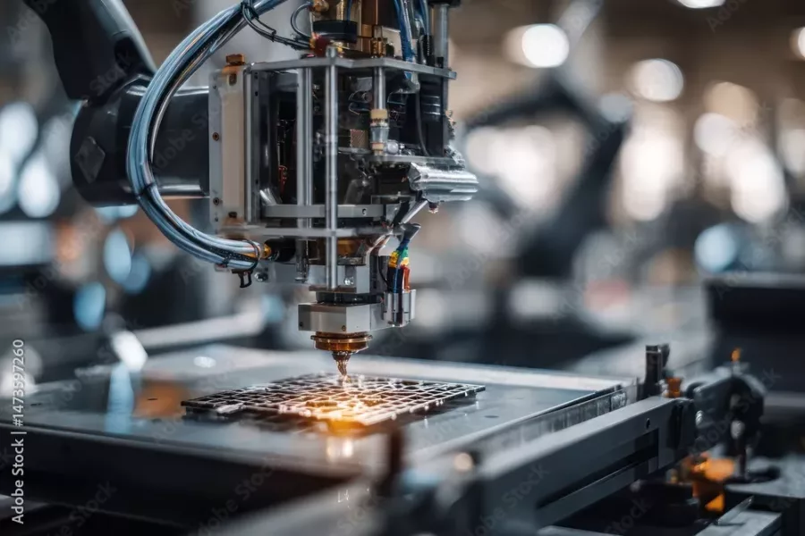 Visuel présentant une machine en métal qui réalise une impression 3D avec des étincelles